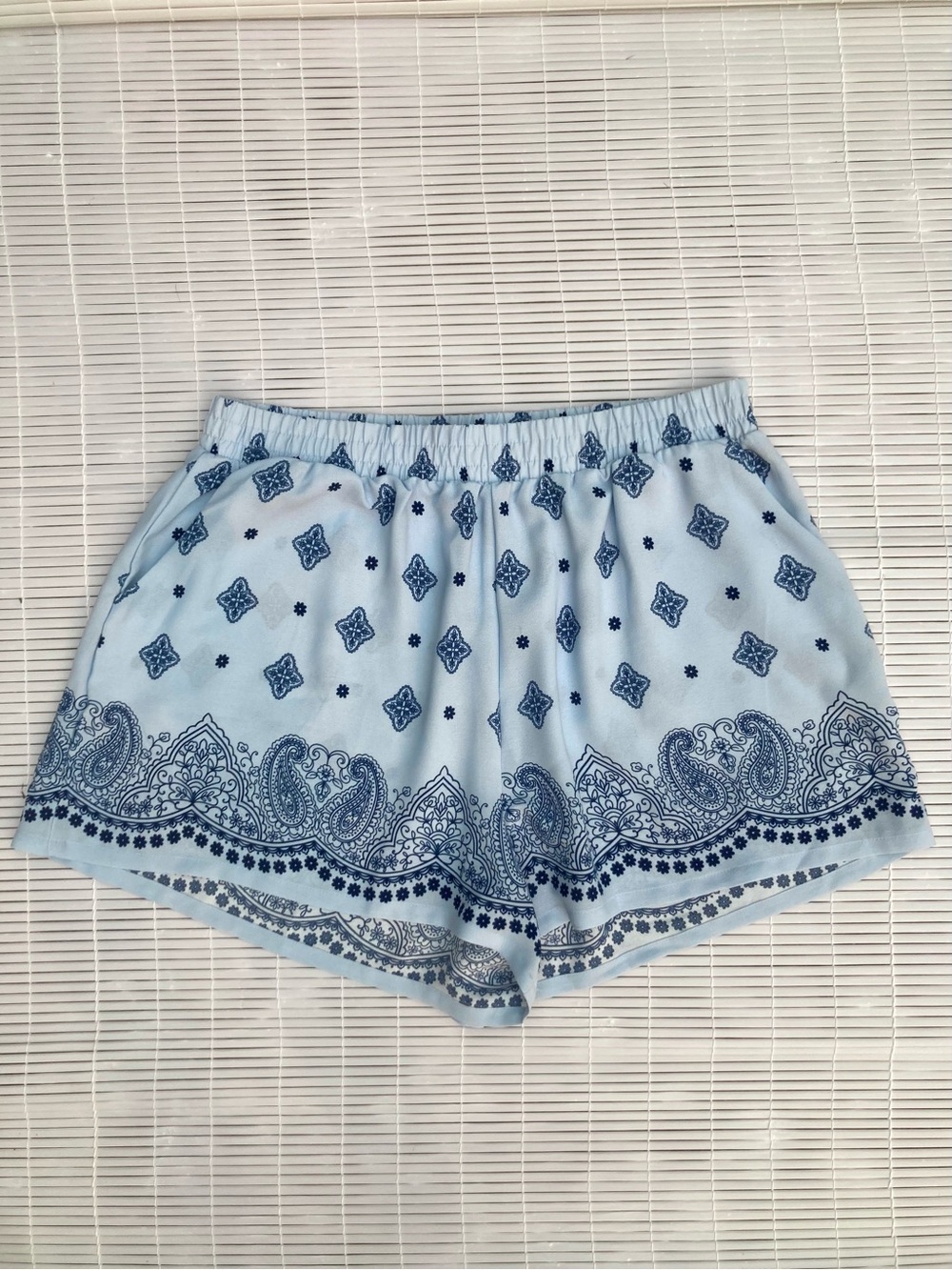 Sz 3X Julia by Love J Blue Paisley Shorts, Flowy Boho Western Bandana Print